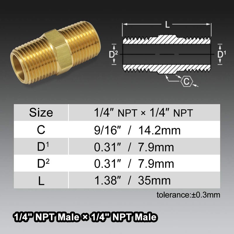 boeray 4pcs 1/4"x1/4" Brass Pipe Hose Fitting with NPT Male Thread Straight Hex Nipple Fast Coupler - Image 2